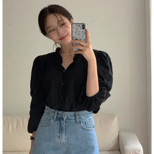 Sweet Ruffled V neck Solid Color Top Black - Shop at LoveMi