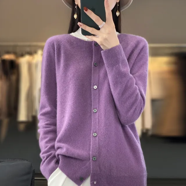 Cardigan Plus Size Coat Loose Round Neck Sweater Purple - Shop at LoveMi