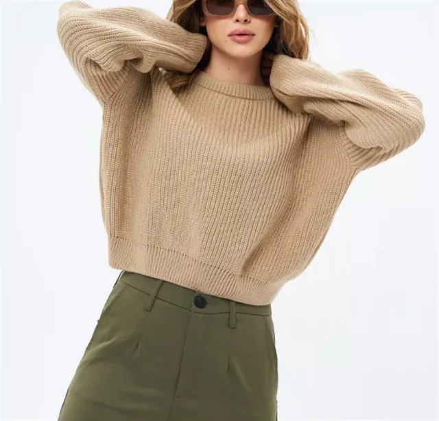 Women's Solid color Crew neck Loose fitting Pullover Sweater Khaki - Shop at LoveMi