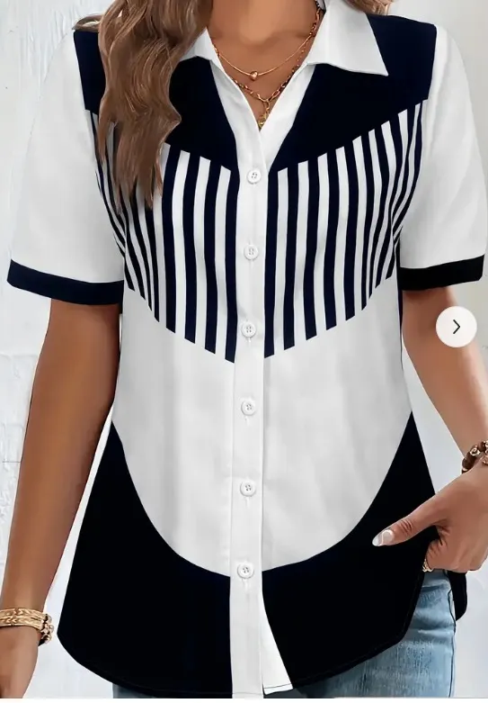 Striped Print Button Front Short Sleeved Shirt 8A - Shop at LoveMi