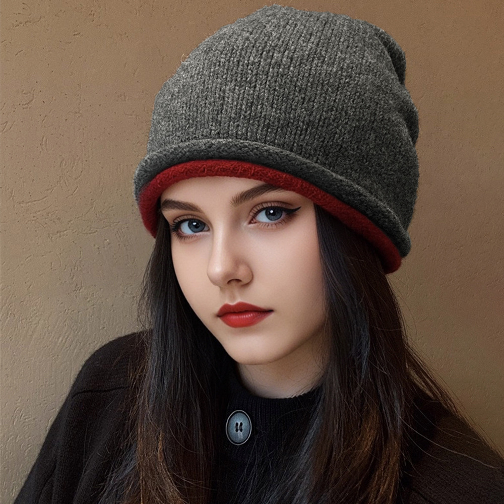 Womens New Winter Two-Row Hem Colorblock Cashmere Knitted Beanie