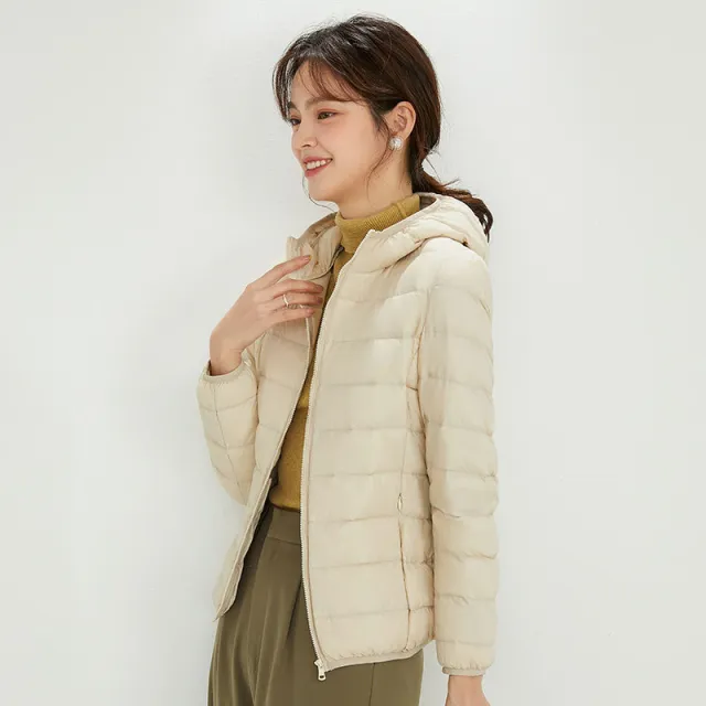 Women's Hooded Short Lightweight Down Jacket Plus Size Beige - Shop at LoveMi