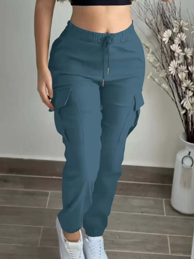 Mountaineering Fashion Drawstring Women's Leisure Cargo Trousers Peacock Blue - Shop at LoveMi
