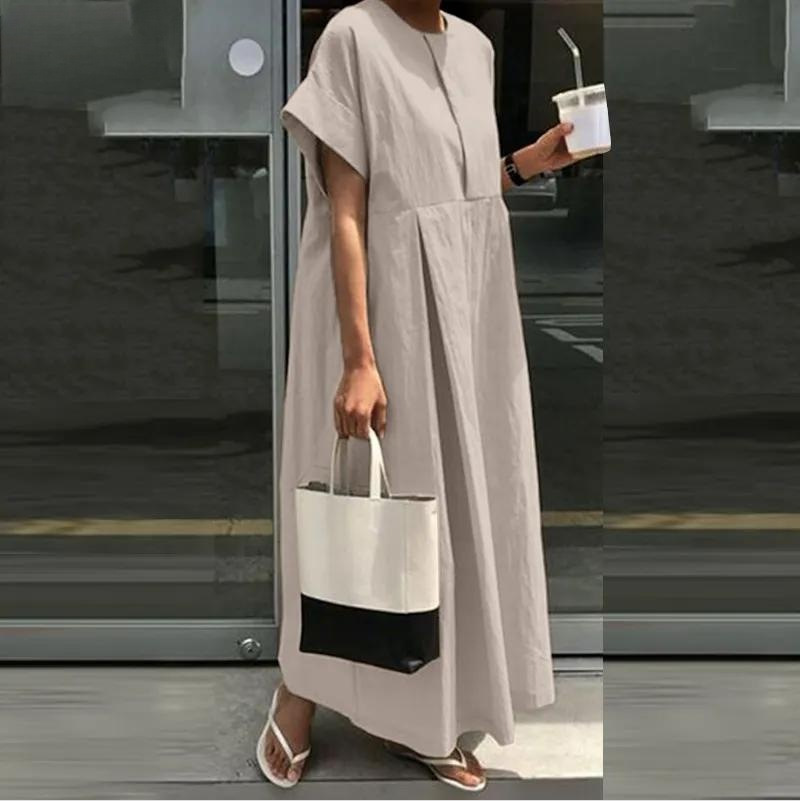 Women's Round Neck Plus Size Loose Cotton And Linen Dress