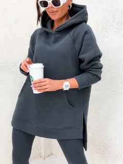 Women's Solid Colour Hooded Casual Loose Sweater - Graphite Colour-Xl - View 1