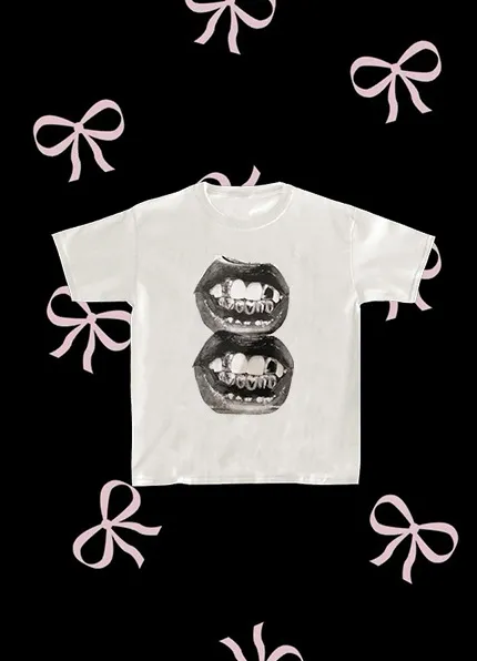 Women's Y2g Summer Mouth Pattern Printed Short sleeved Top White - Shop at LoveMi