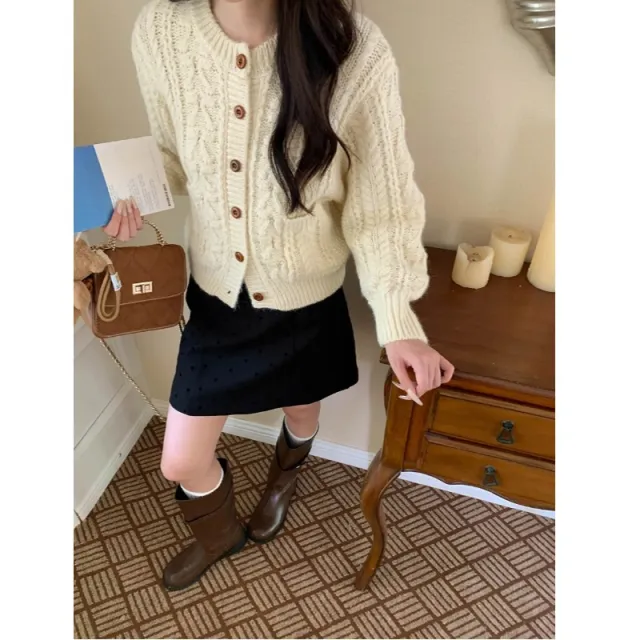 Korean Style Idle Style Thick Needle Twisted Texture Knitted Cardigan Sweater Beige - Shop at LoveMi