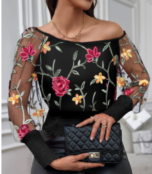 Black Mesh Three-dimensional Flower Off-shoulder Puff Sleeve Top - Image 5