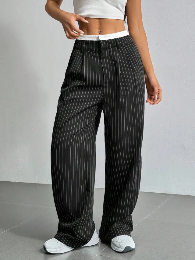 Stripe Printed Trousers Fashion High Waist Straight Leg Pants With Pocket Zipper Casual Suit Pants For Women Black - Shop at LoveMi