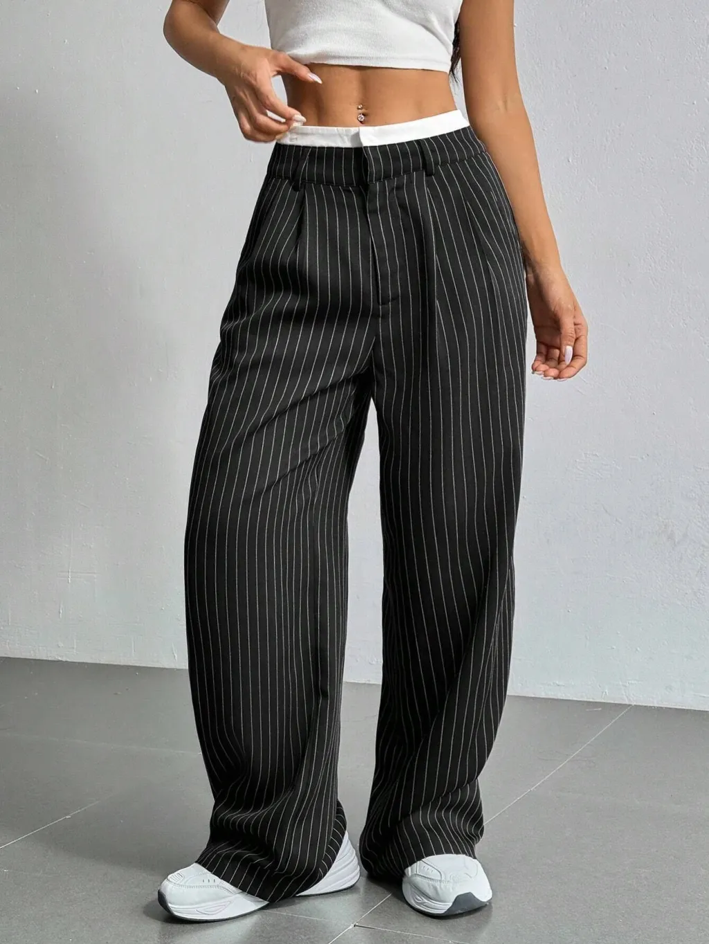 Stripe Printed Trousers Fashion High Waist Straight Leg Pants With Pocket Zipper Casual Suit Pants For Women - Black