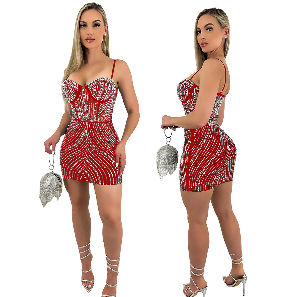 Fashion Suspenders Hot Rhinestone Sheath Dress Women