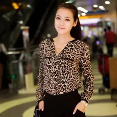 Casual Chiffon Shirt Women's Leopard Print Pattern Anti-DDoS Stand Collar Shirt - Tan - View 1