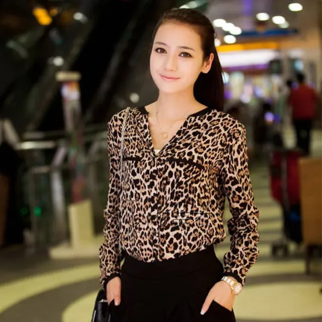 Casual Chiffon Shirt Women's Leopard Print Pattern Anti DDoS Stand Collar Shirt Tan - Shop at LoveMi