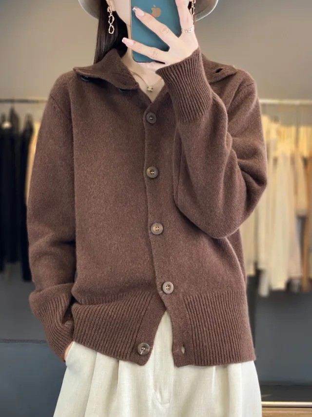 Turtleneck Solid Color Full Wool Loose Slimming Women's Cardigan Sweater Brown Coffee - Shop at LoveMi