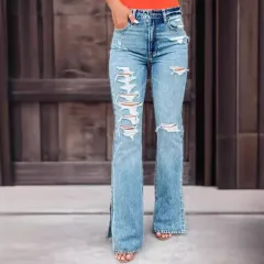 Ladies Jeans High Waist Ripped Slightly Stretch Split Trousers - Light Blue - View 1