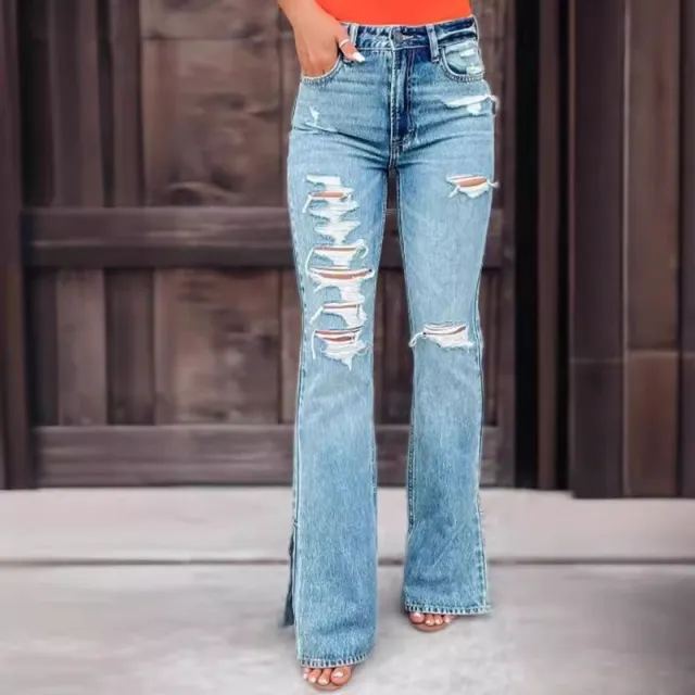 Ladies Jeans High Waist Ripped Slightly Stretch Split Trousers Light Blue - Shop at LoveMi