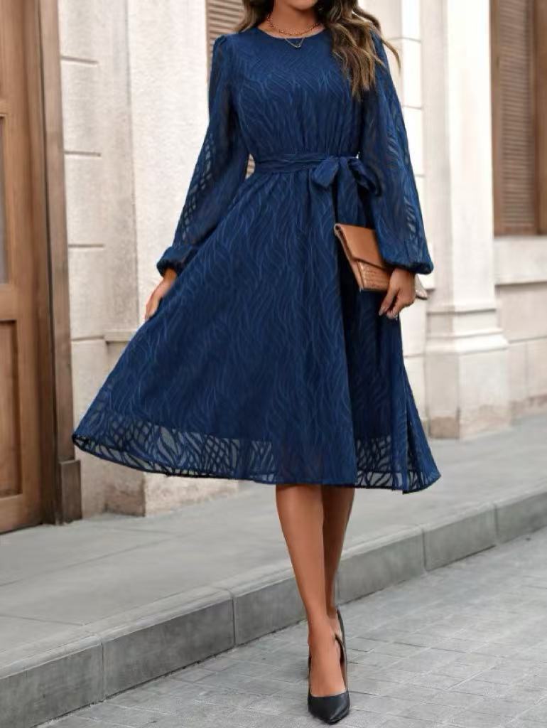 Elegant And Simple Fashion Jacquard Belt Dress Navy - Shop at LoveMi