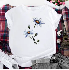 Women's Fashion Flower Print Round Neck Short Sleeve T-shirt - White - View 1