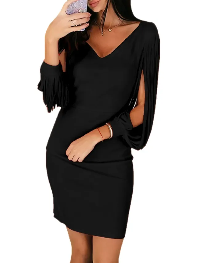 V neck Tassel Long sleeve Mini Sheath Party Dress Black - Shop at LoveMi