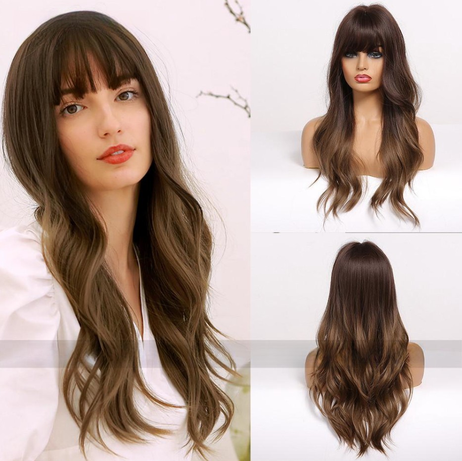 Women's Black Brown Bangs Long Curly Wig Gradient Gold - Shop at LoveMi