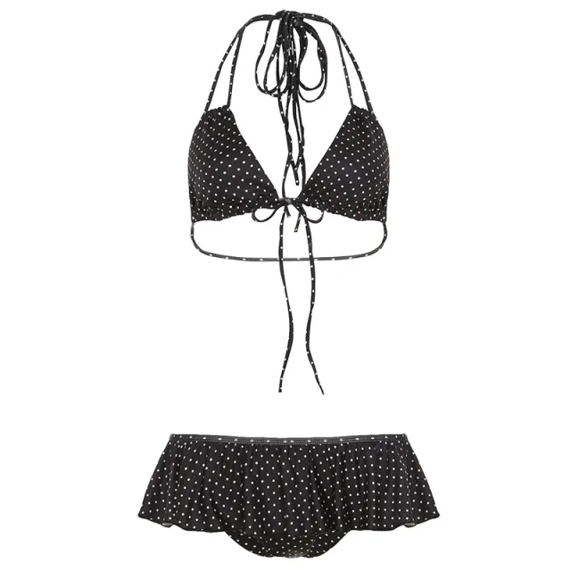 Women's Polka Dot Contrast Color Pure Desire Sexy Bikini Lace up Underwear Lace Shorts Suit Black - Shop at LoveMi