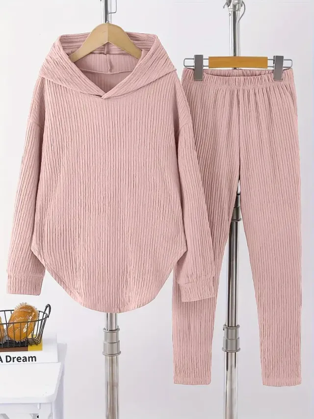 Casual Women's Long Sleeve Hooded Sweatshirt And Pants Two Piece Set Lotus Root Color M - Shop at LoveMi