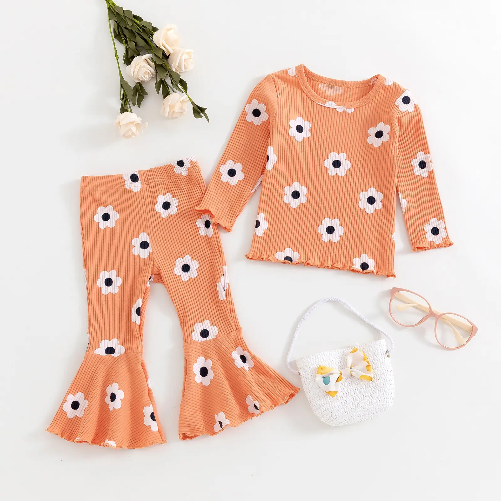 Girls' Small Sunflower Sunken Stripe Long Sleeve Round-neck Shirt Bell-bottom Pants Two-piece Set