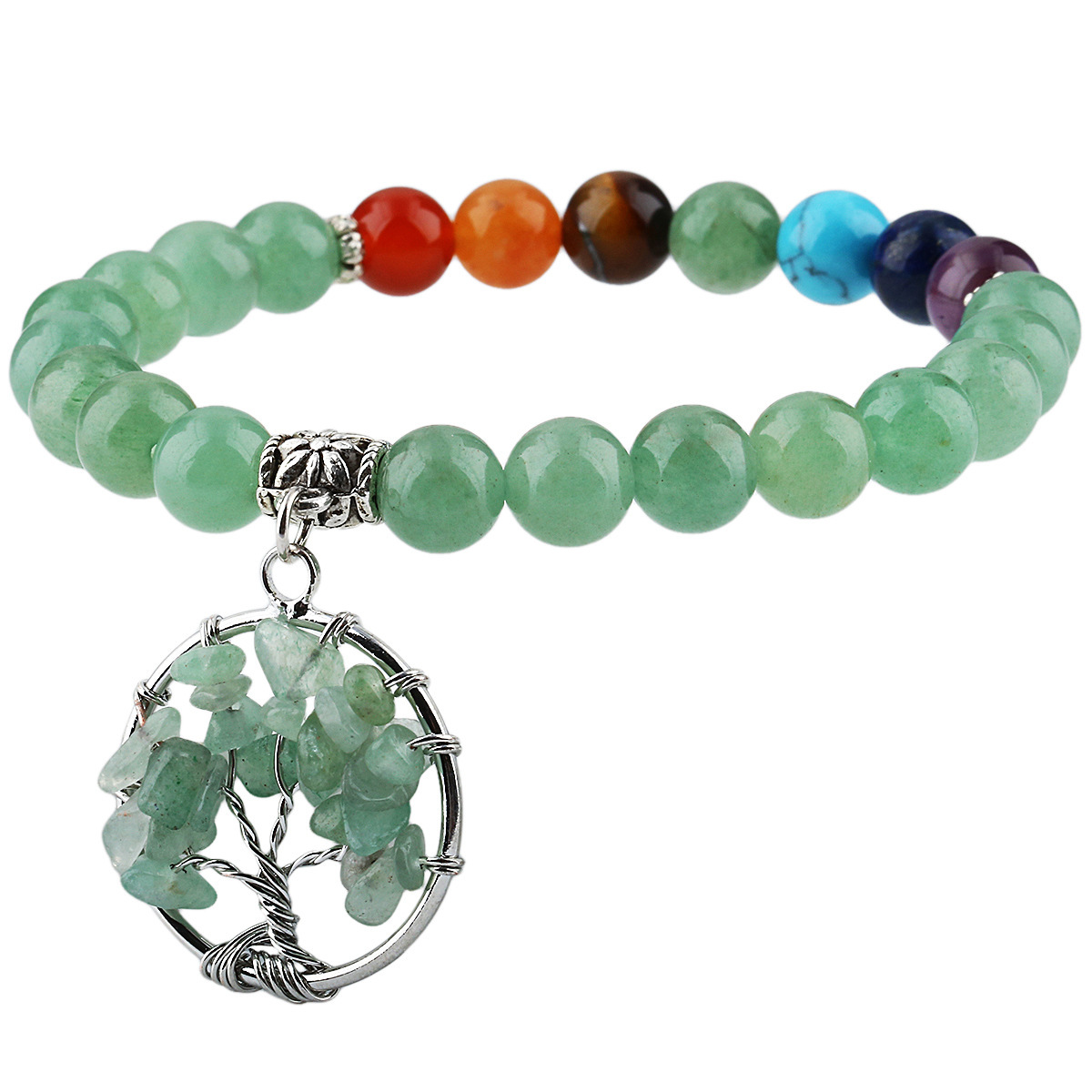 Natural Crystal Stone Seven-color Wheel Round Beads Bracelet Lucky Tree