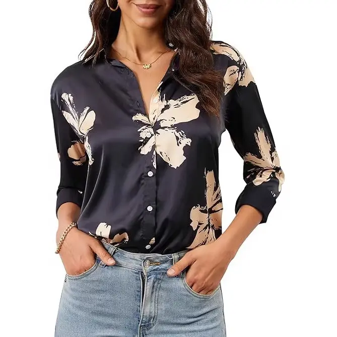 Shirt Top V-neck 3D-printed Sheer Chiffon Blouse