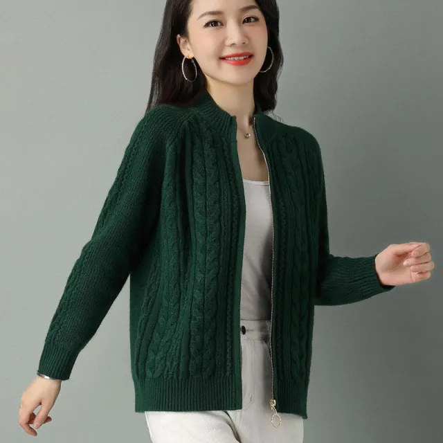 Women's Solid Color Zipper Sweater Loose Long Sleeve Jacket Dark Green - Shop at LoveMi