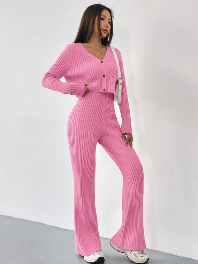 Solid Color Knitted Two piece Women's V neck Short Knitted Cardigan Bootcut Trousers Versatile Casual Women's Clothing Red - Shop at LoveMi