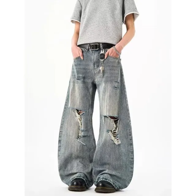 Distressed Ripped Bamboo pattern Curved Knife High street Loose Wide leg Pants For Men And Women Blue - Shop at LoveMi