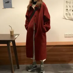 Hepburn Style Autumn And Winter Black Woolen Coat Women - Wine Red - View 1