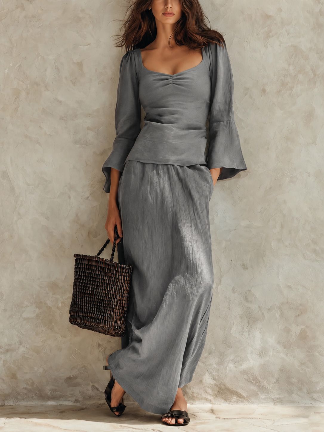 Womens Square-neck Loose-fit Long-sleeve Top And High-waisted Skirt Two-piece Set 4