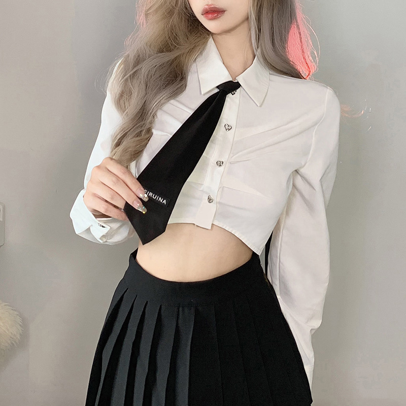 Women's Solid Color Slim Lapel Fashion Tie Long Sleeve T-shirt