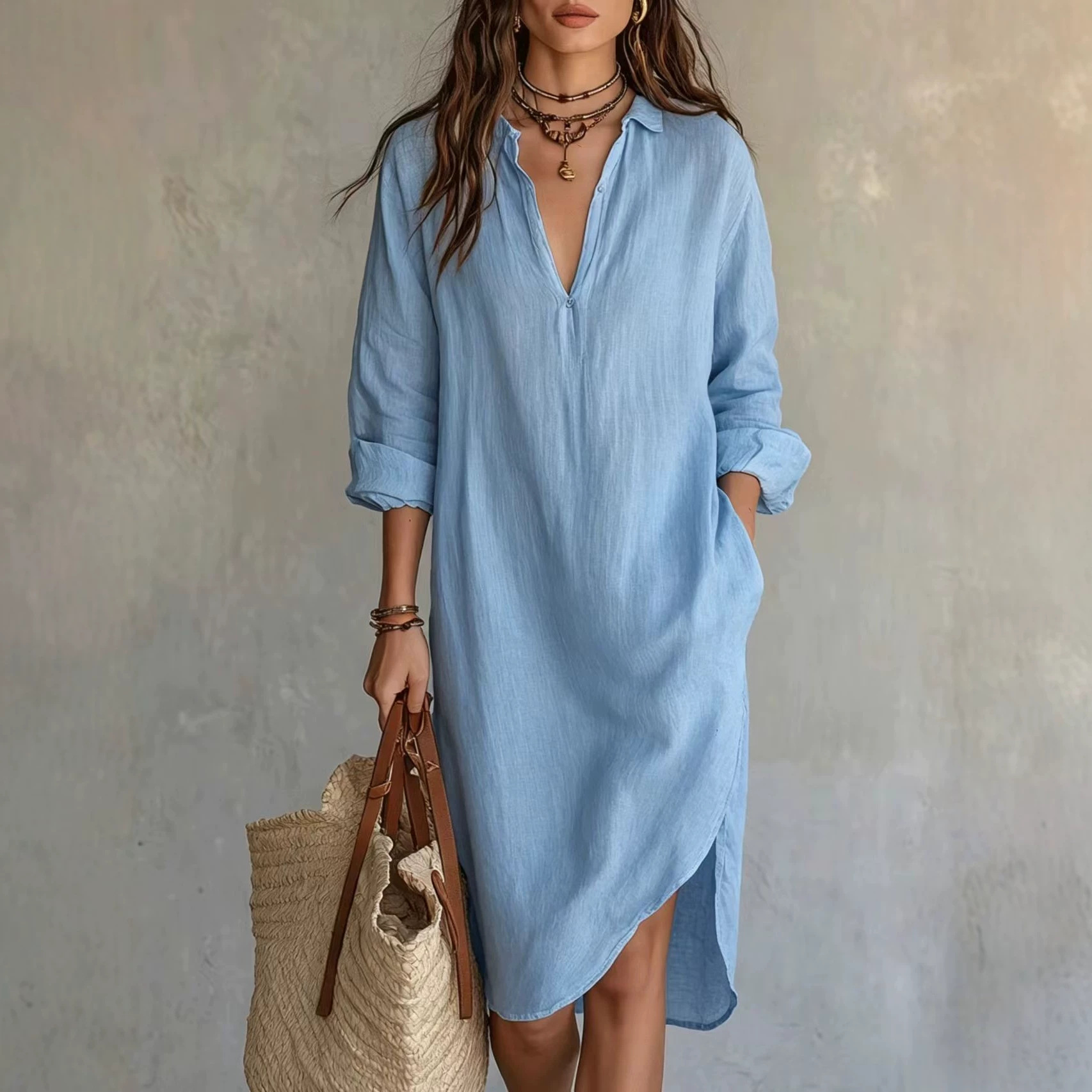 French Linen Shirt Dress With A Slit And Relaxed Style