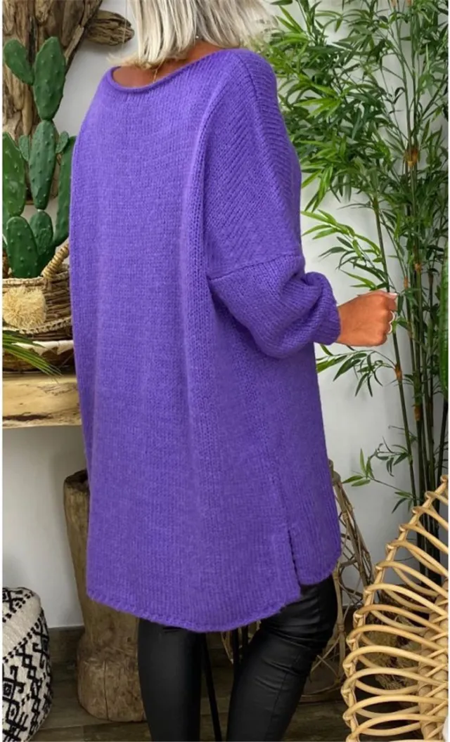 Mid length Pullover Round Neck Solid Color Casual European And American Knitted Yellow Sweater Purple - Shop at LoveMi