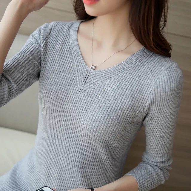 Women's Slim fit Long sleeved Pullover Skinny V neck Sweater Gray - Shop at LoveMi