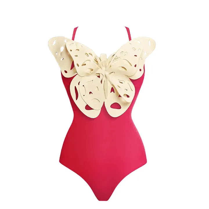 One-piece Swimsuit Three-dimensional Butterfly Decorative Swimsuit For Women - Rose