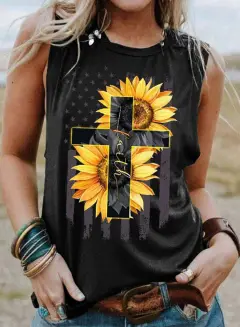 New Sunflower Cross Print Sleeveless Women's T-shirt - Lc2516984 2-M - View 1