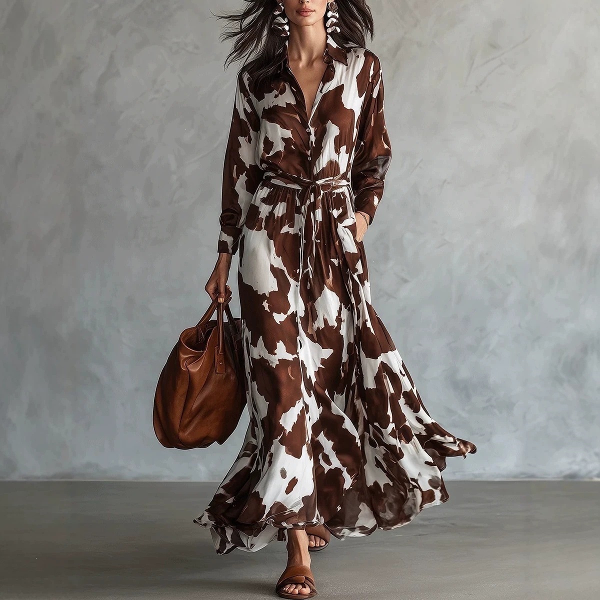 Cow Patterned Long Sleeved Shirt With Waist Cinching And Large Swing Long Dress For Women