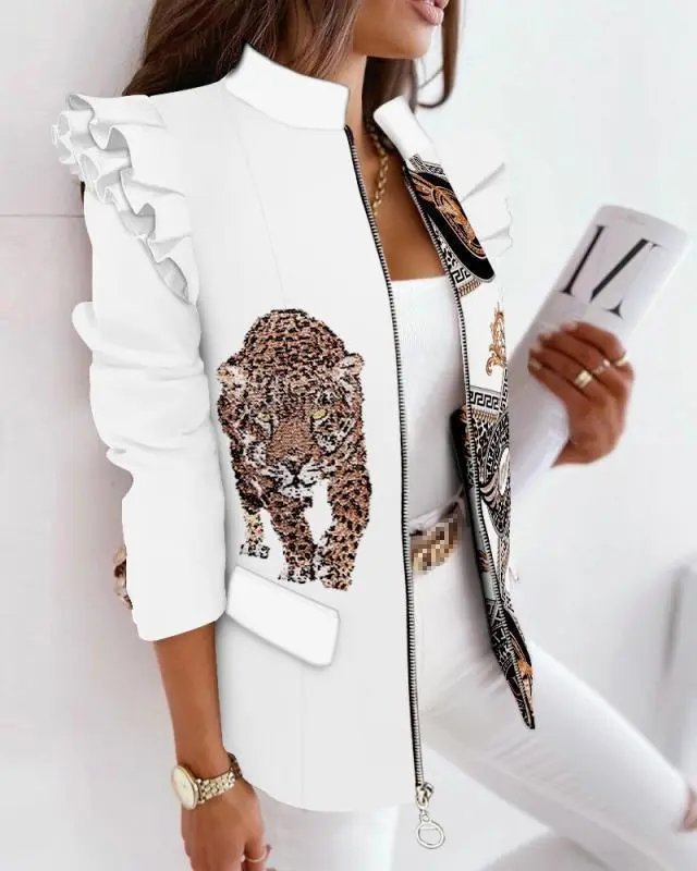 Autumn And Winter Ruffled Long Sleeve Zipper Printing Blazer Tiger Head S - Shop at LoveMi