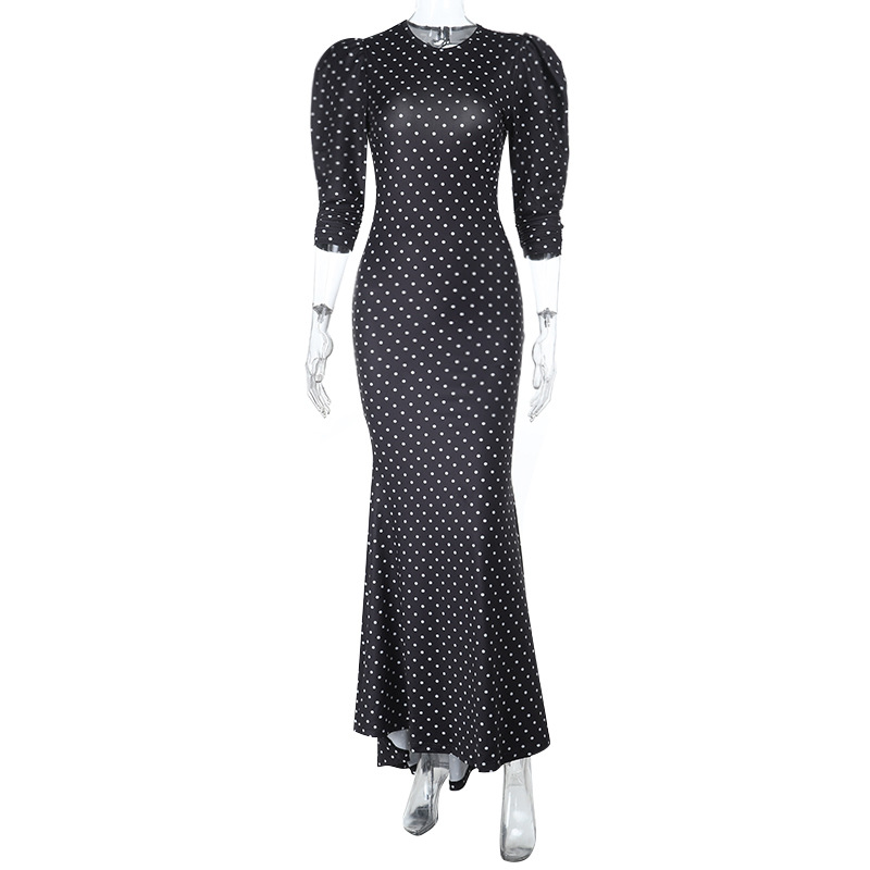 Round Neck Polka Dot Sexy Backless Long Sleeve Mermaid Dress For Women Black - Shop at LoveMi
