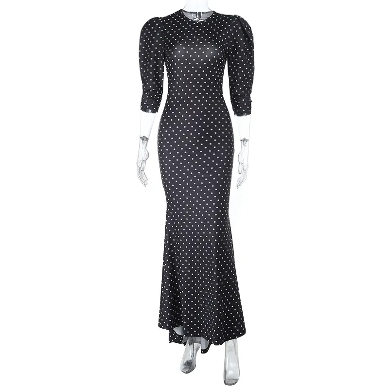 Round Neck Polka Dot Sexy Backless Long Sleeve Mermaid Dress For Women - Black