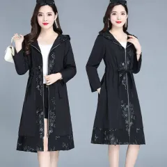 Elegant Trench Coat Women's Plus Size Coat Over The Knee Fashion - Black Zipper - View 1