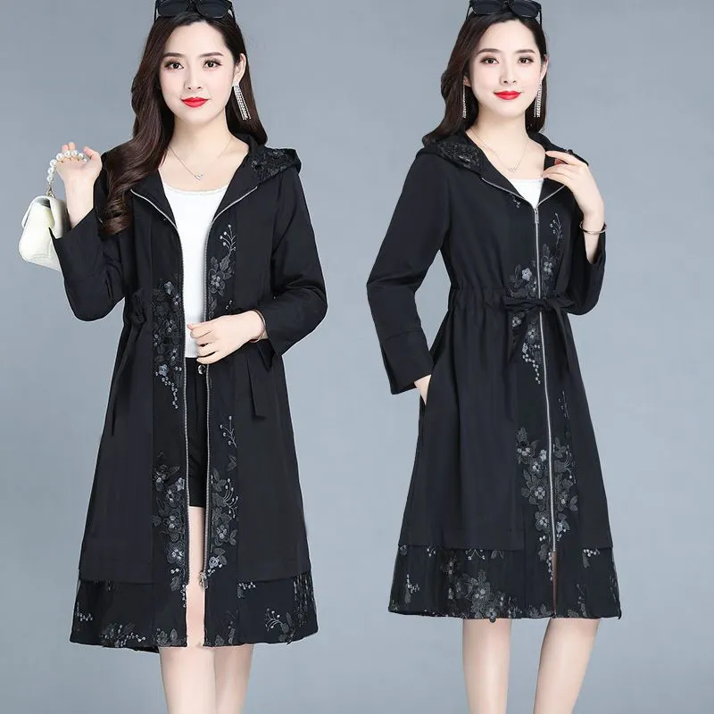 Elegant Trench Coat Women's Plus Size Coat Over The Knee Fashion - Black Zipper