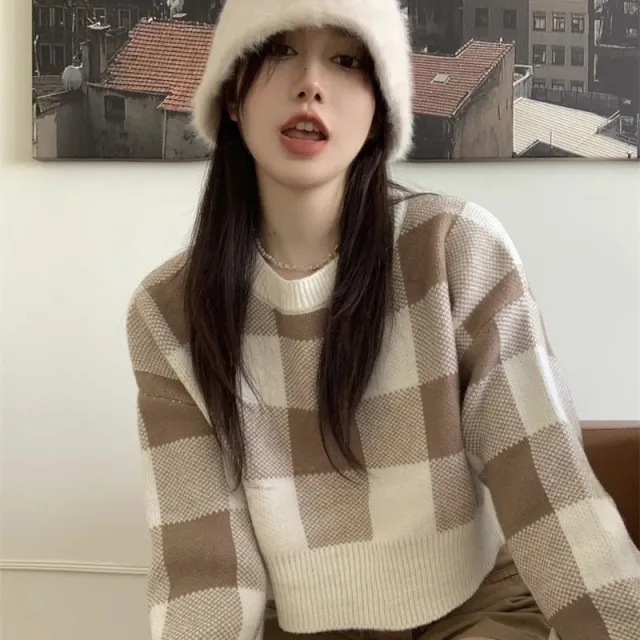 Women's Sweet Leisure Versatile Lattice Short Sweater Brown - Shop at LoveMi