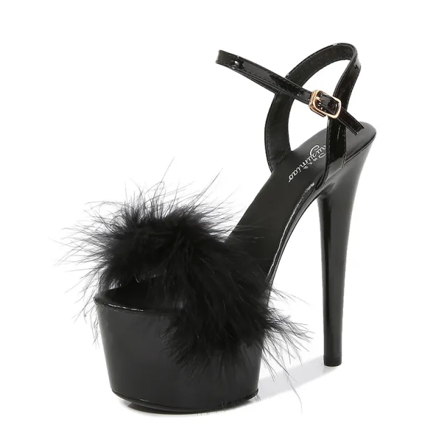 Patent Leather Stilettos Platform Sandals Fur High Heels Black - Shop at LoveMi