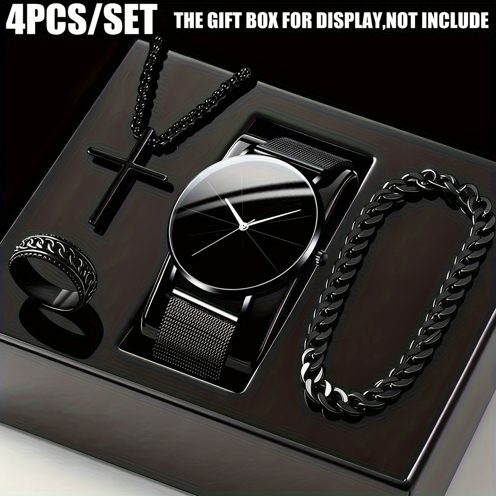 Men's Fashion Watch Ring Necklace Bracelet Set - Stainless Steel Jewelry Collection for Daily Wear 9