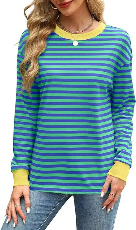 Fashion Color Contrast Loose Round Neck Striped Long Sleeve Green - Shop at LoveMi